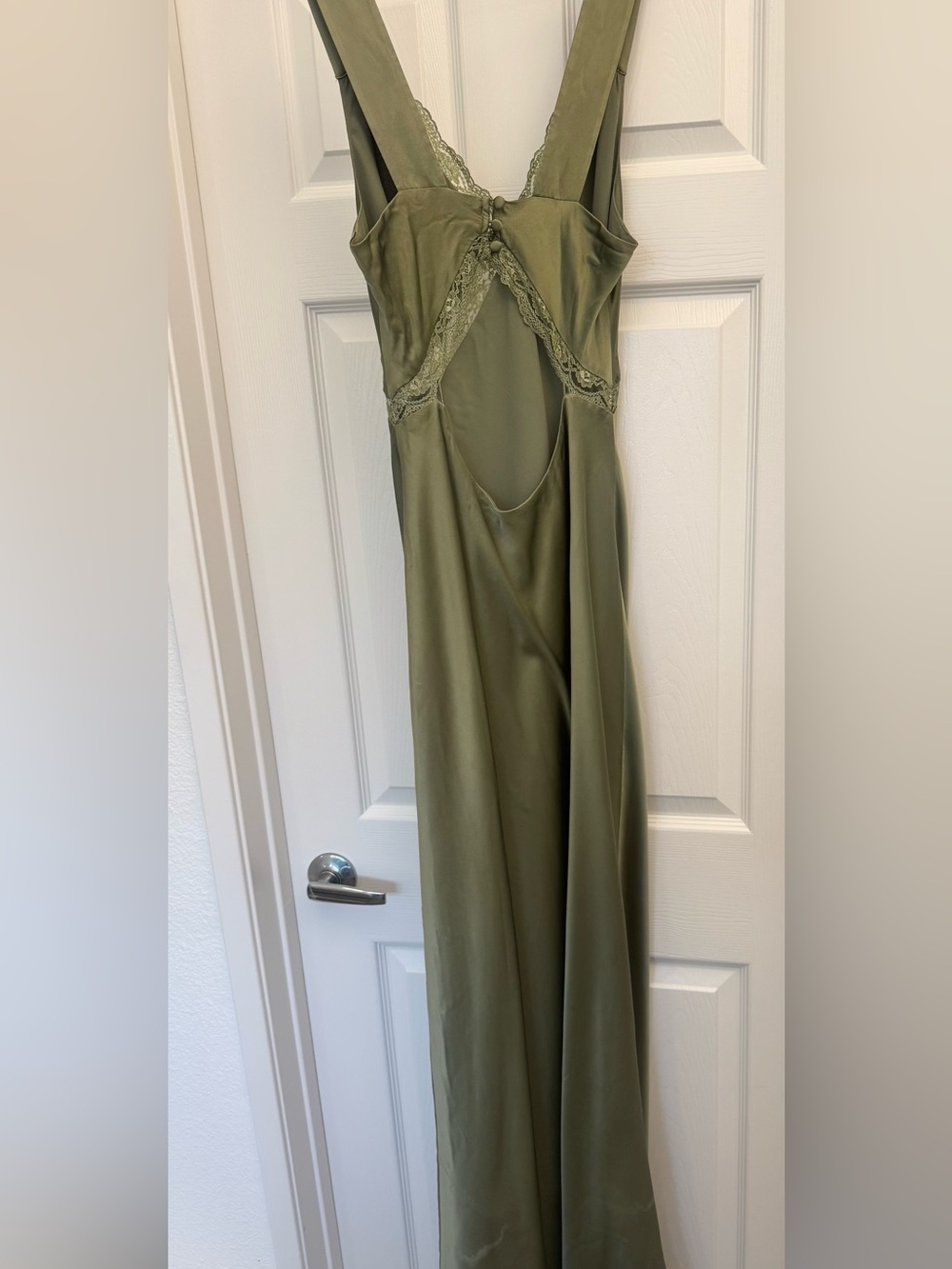 Reformation Olive Satin Lace-Trim Wedding Guest Dress - Picture 9 of 10